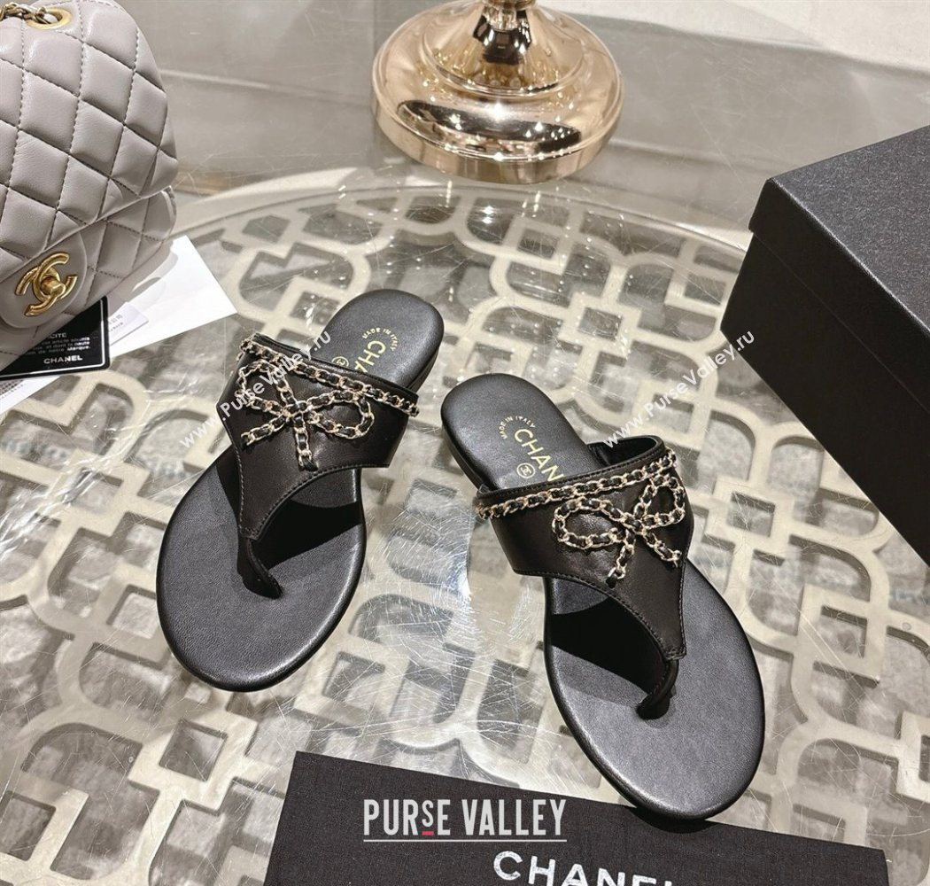 Chanel Lambskin Leather Flat Slides Sandal with Chain Bow Black 2025 CH090110 (MD-250901108)