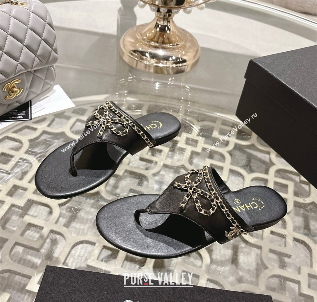 Chanel Lambskin Leather Flat Slides Sandal with Chain Bow Black 2025 CH090110 (MD-250901108)