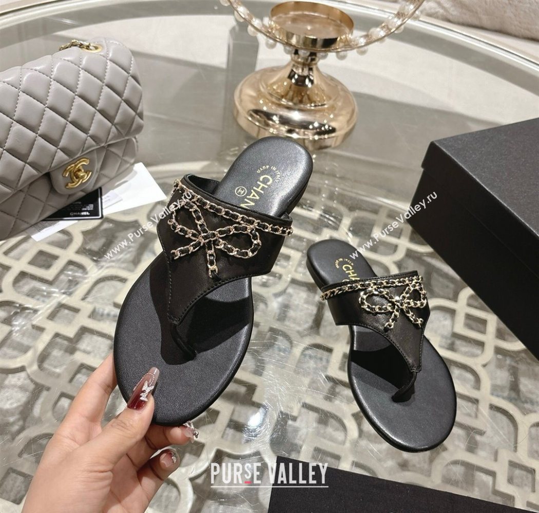 Chanel Lambskin Leather Flat Slides Sandal with Chain Bow Black 2025 CH090110 (MD-250901108)