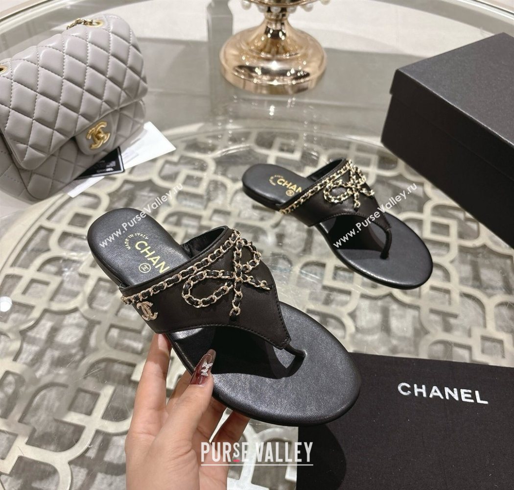 Chanel Lambskin Leather Flat Slides Sandal with Chain Bow Black 2025 CH090110 (MD-250901108)