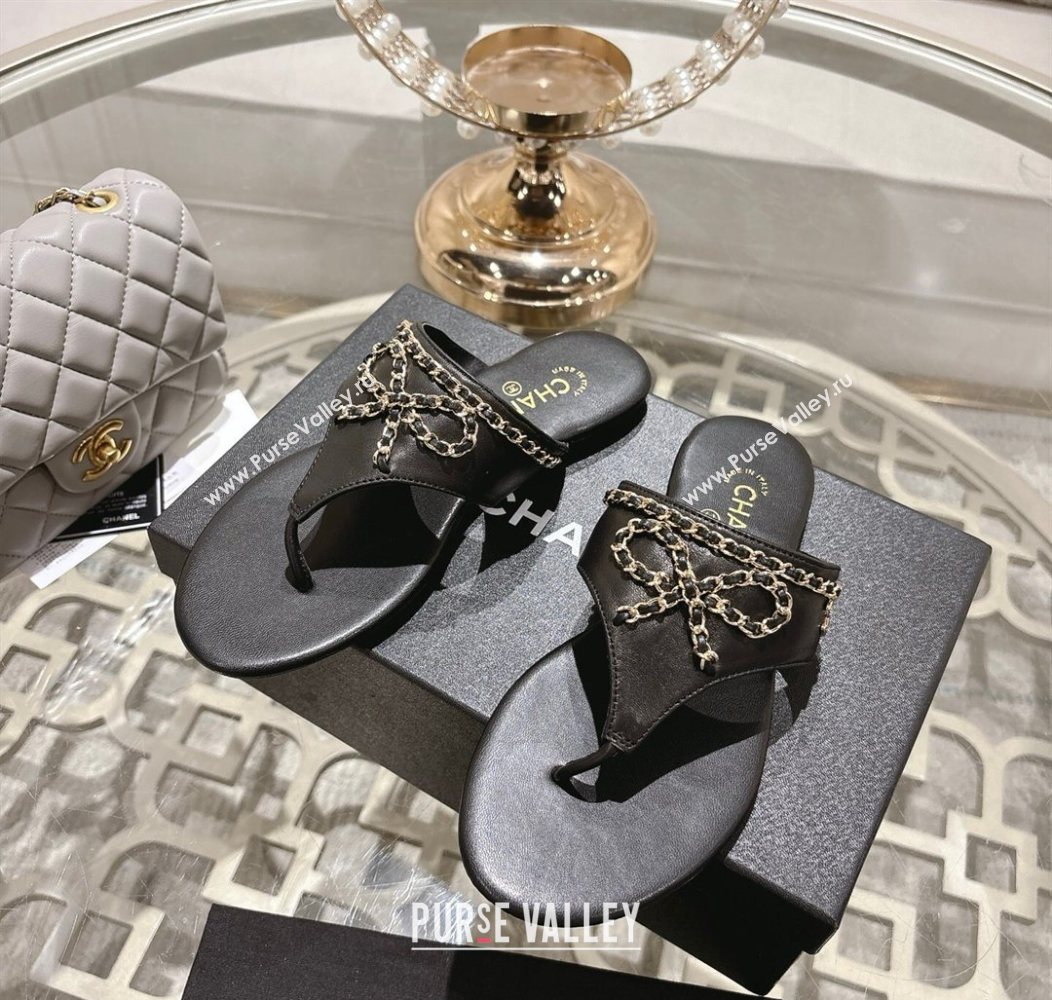 Chanel Lambskin Leather Flat Slides Sandal with Chain Bow Black 2025 CH090110 (MD-250901108)