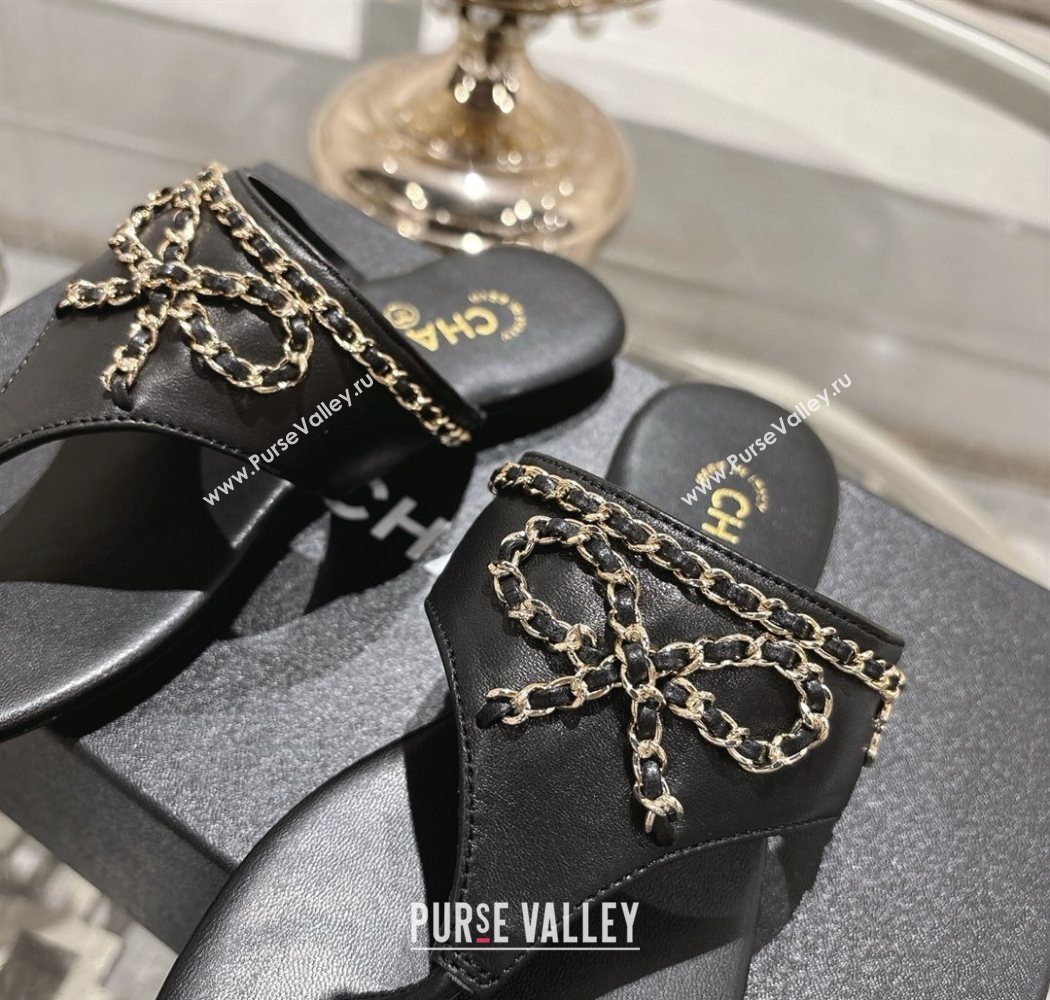 Chanel Lambskin Leather Flat Slides Sandal with Chain Bow Black 2025 CH090110 (MD-250901108)