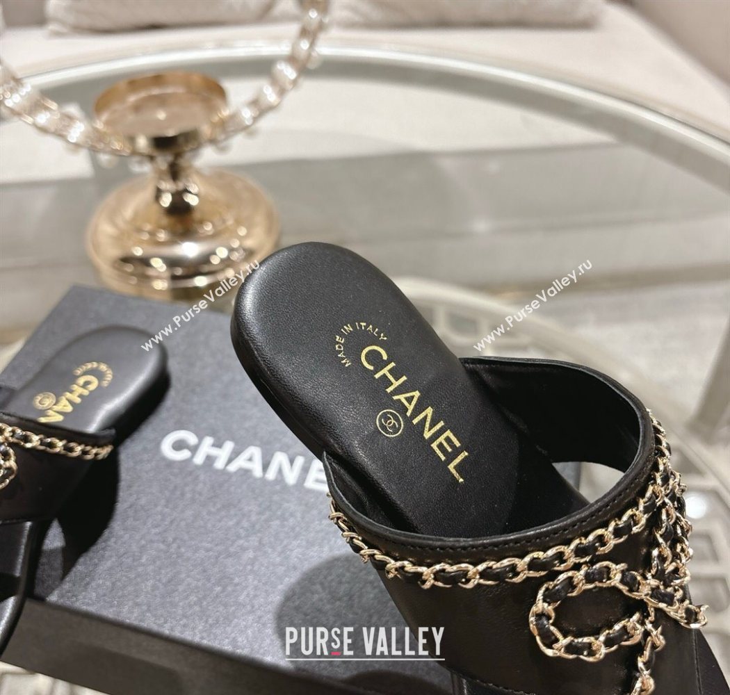 Chanel Lambskin Leather Flat Slides Sandal with Chain Bow Black 2025 CH090110 (MD-250901108)
