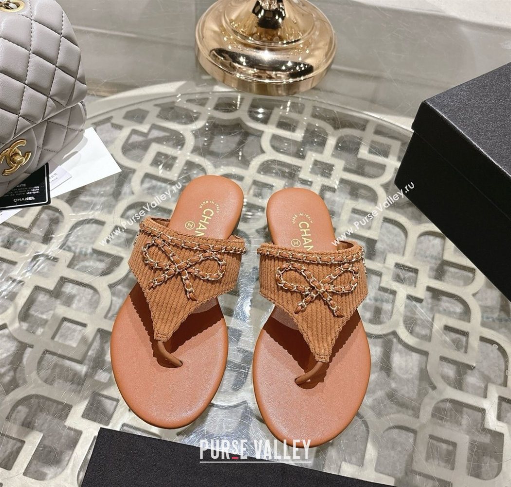 Chanel Corduroy Flat Slides Sandal with Chain Bow Brown 2025 CH090110 (MD-250901110)