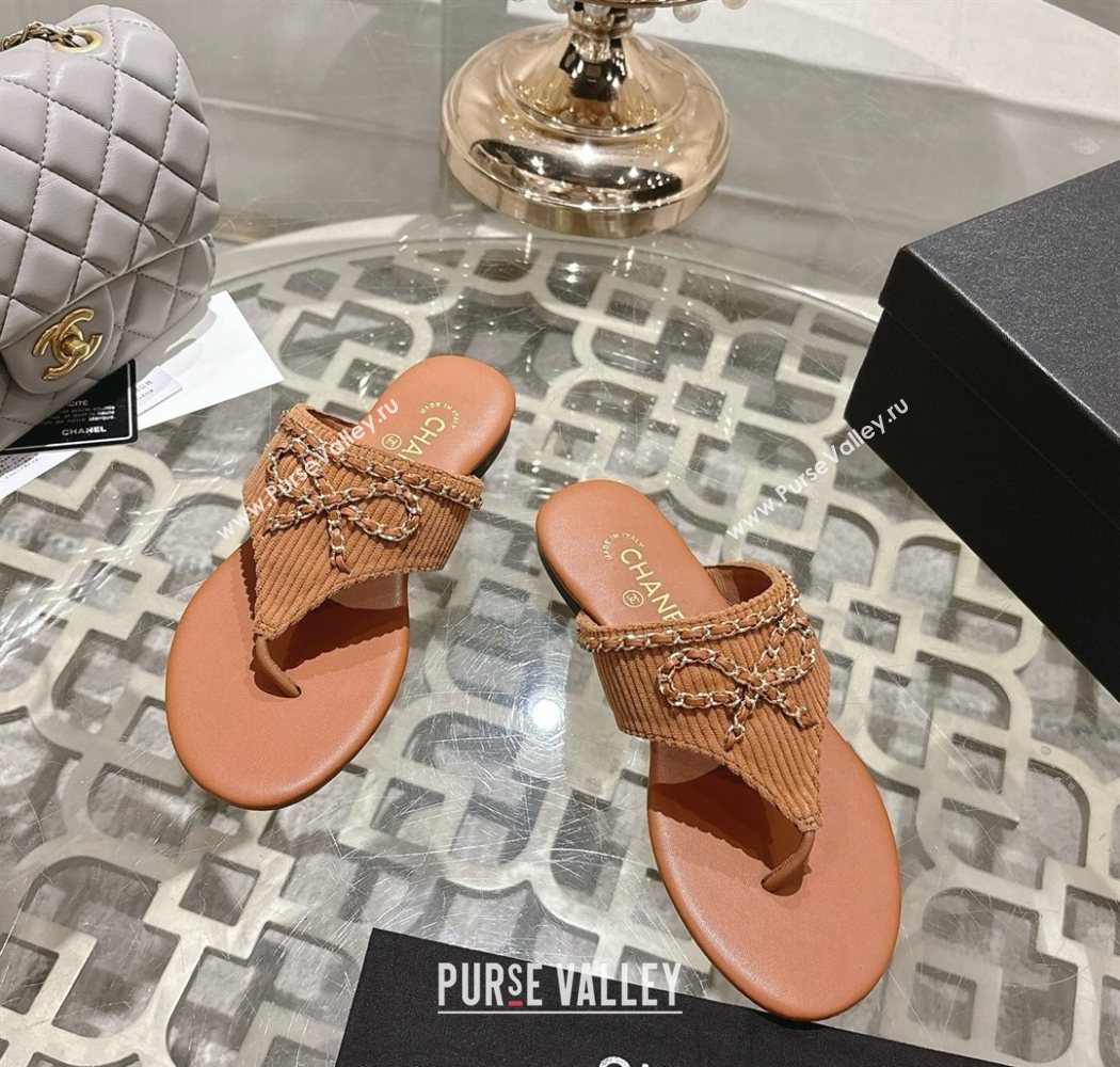 Chanel Corduroy Flat Slides Sandal with Chain Bow Brown 2025 CH090110 (MD-250901110)