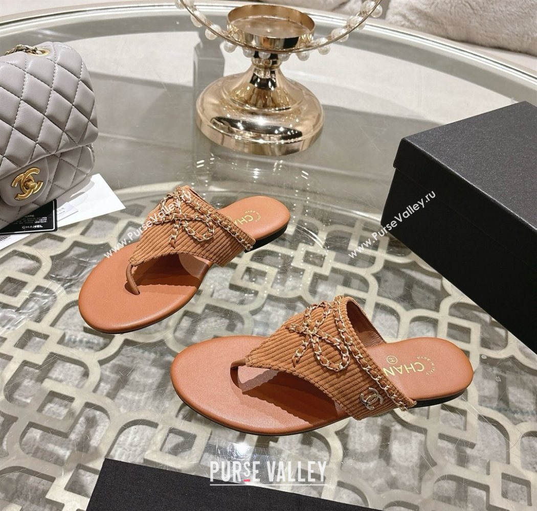 Chanel Corduroy Flat Slides Sandal with Chain Bow Brown 2025 CH090110 (MD-250901110)