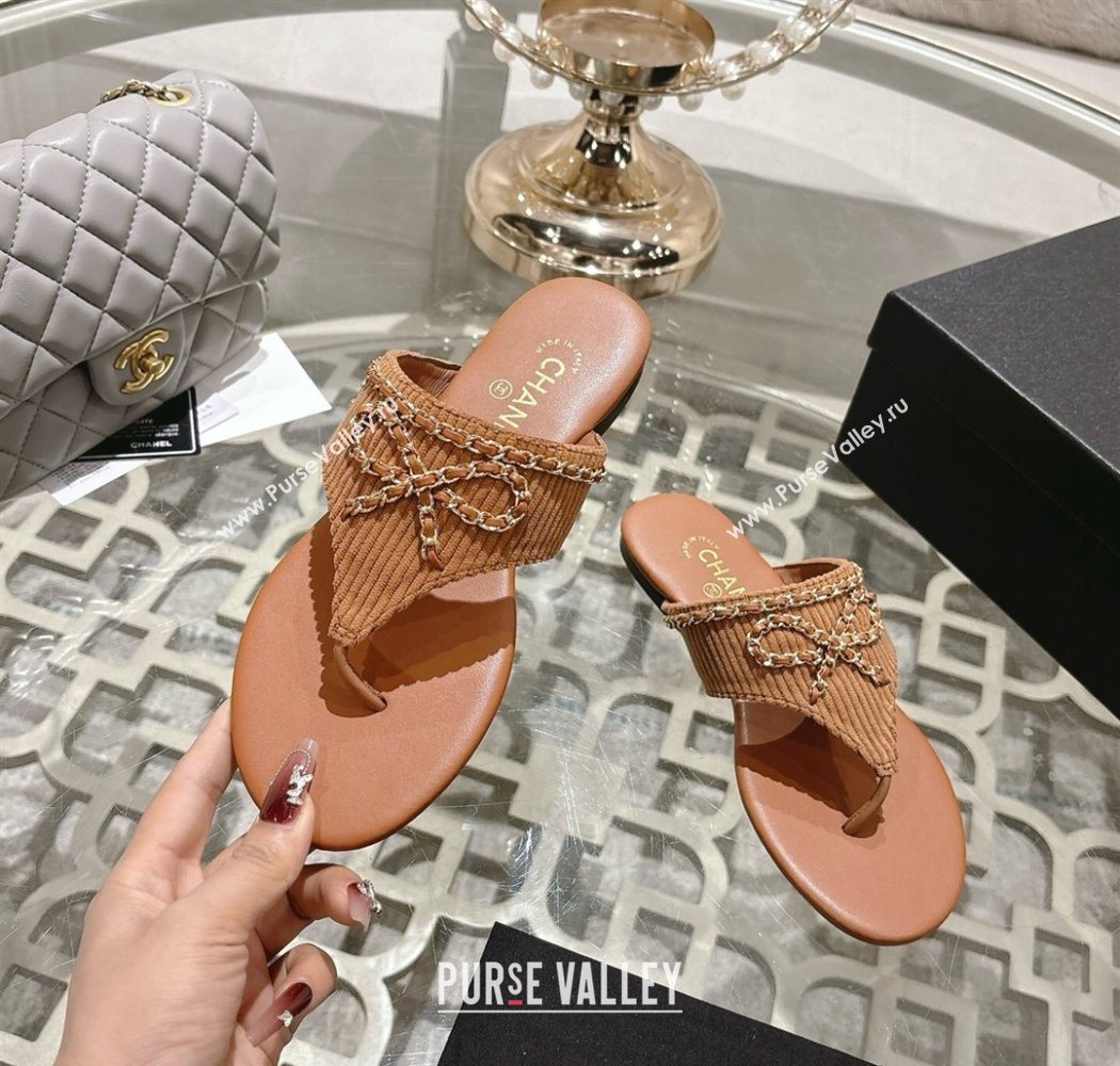 Chanel Corduroy Flat Slides Sandal with Chain Bow Brown 2025 CH090110 (MD-250901110)