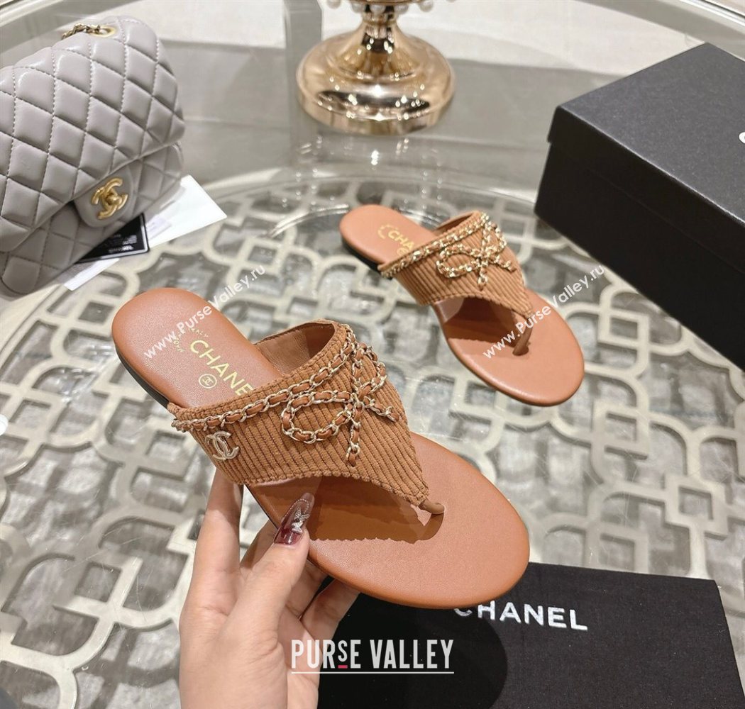 Chanel Corduroy Flat Slides Sandal with Chain Bow Brown 2025 CH090110 (MD-250901110)