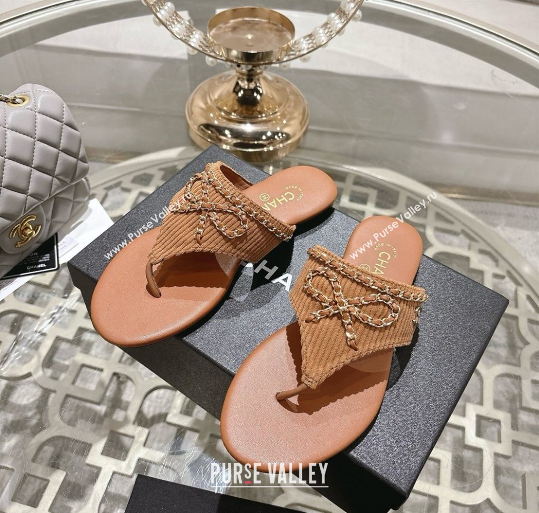Chanel Corduroy Flat Slides Sandal with Chain Bow Brown 2025 CH090110 (MD-250901110)