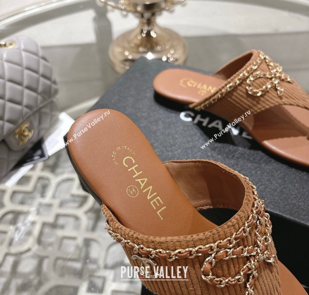 Chanel Corduroy Flat Slides Sandal with Chain Bow Brown 2025 CH090110 (MD-250901110)