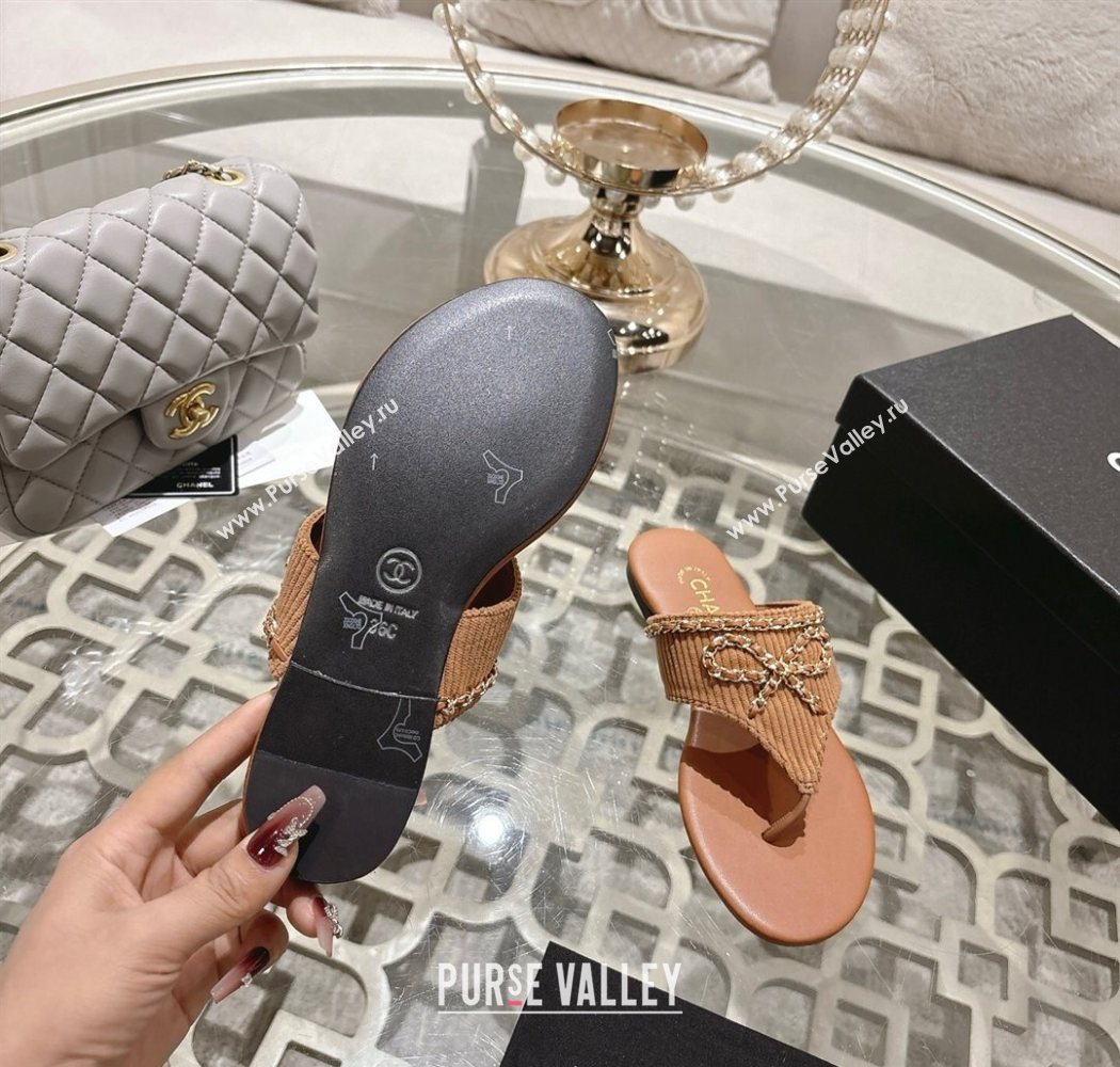 Chanel Corduroy Flat Slides Sandal with Chain Bow Brown 2025 CH090110 (MD-250901110)