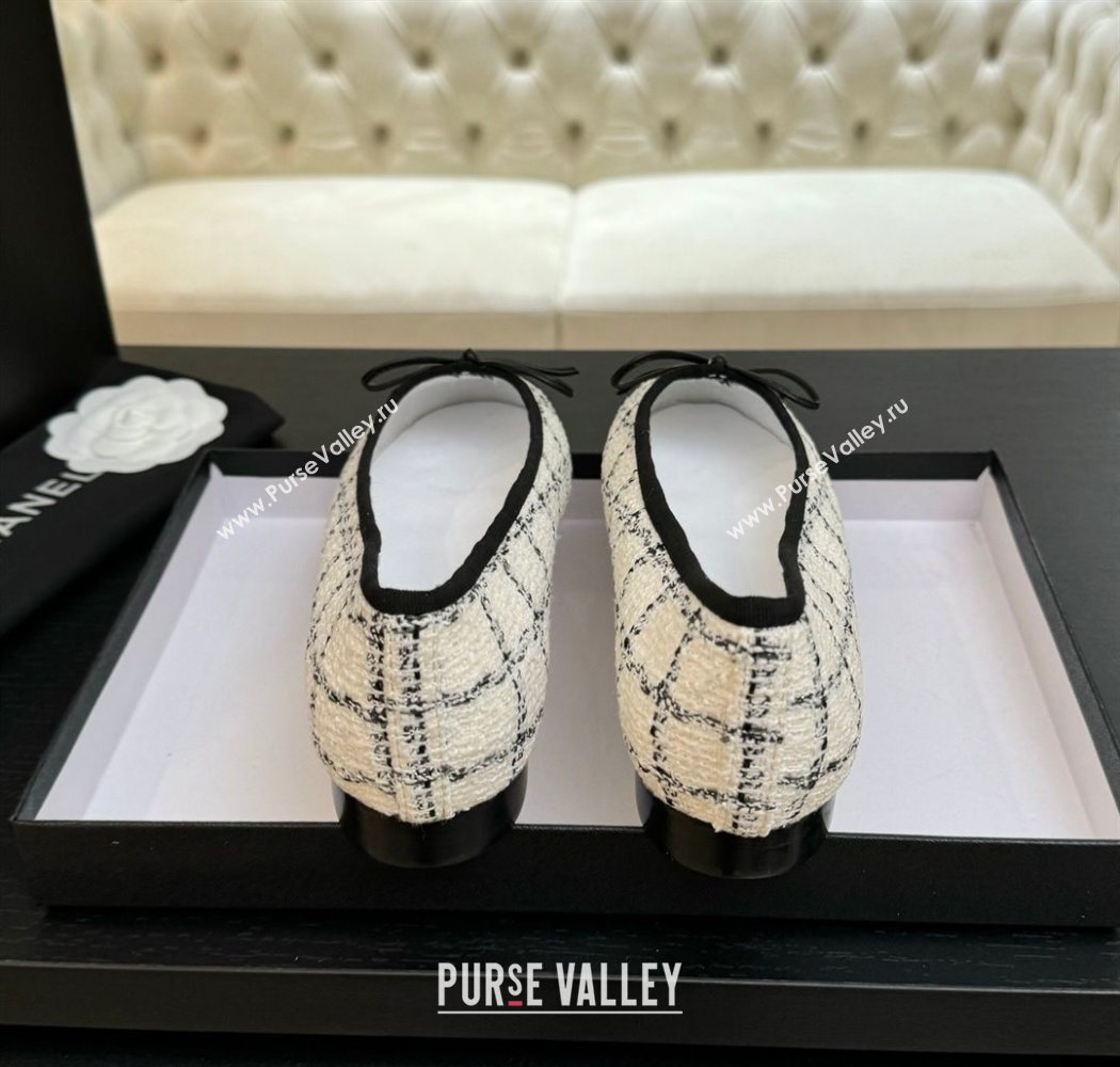 Chanel Classic Tweed Lambskin Leather Ballet Flats with Bow White 2025 0901 (MD-250901026)