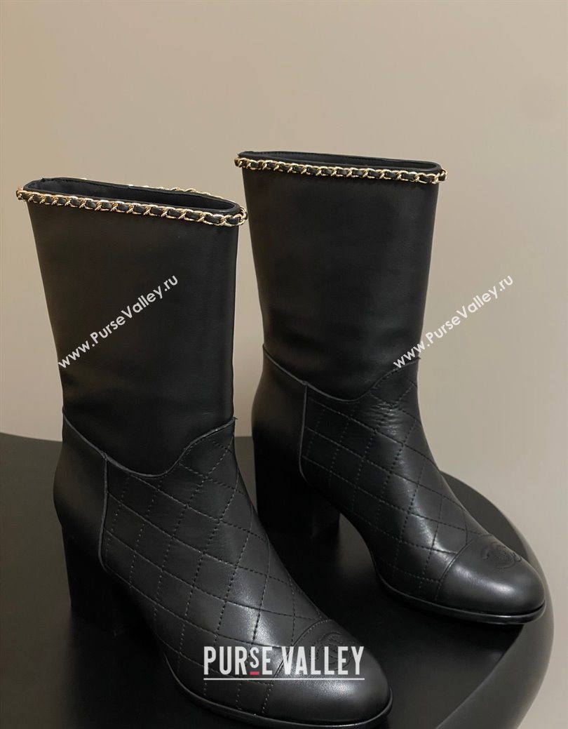 Chanel Quilted Calfskin Leather Ankle Boots 6cm with Chain Black 2025 CH083009 (MD-250830049)
