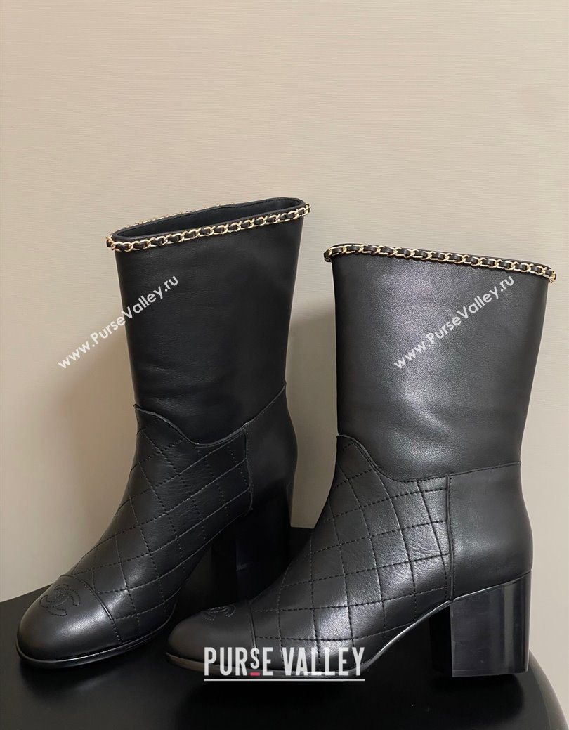 Chanel Quilted Calfskin Leather Ankle Boots 6cm with Chain Black 2025 CH083009 (MD-250830049)