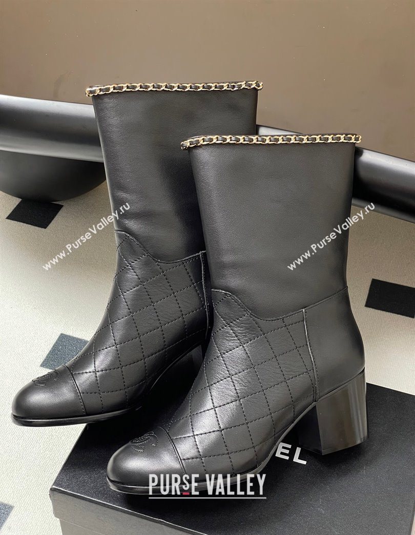 Chanel Quilted Calfskin Leather Ankle Boots 6cm with Chain Black 2025 CH083009 (MD-250830049)