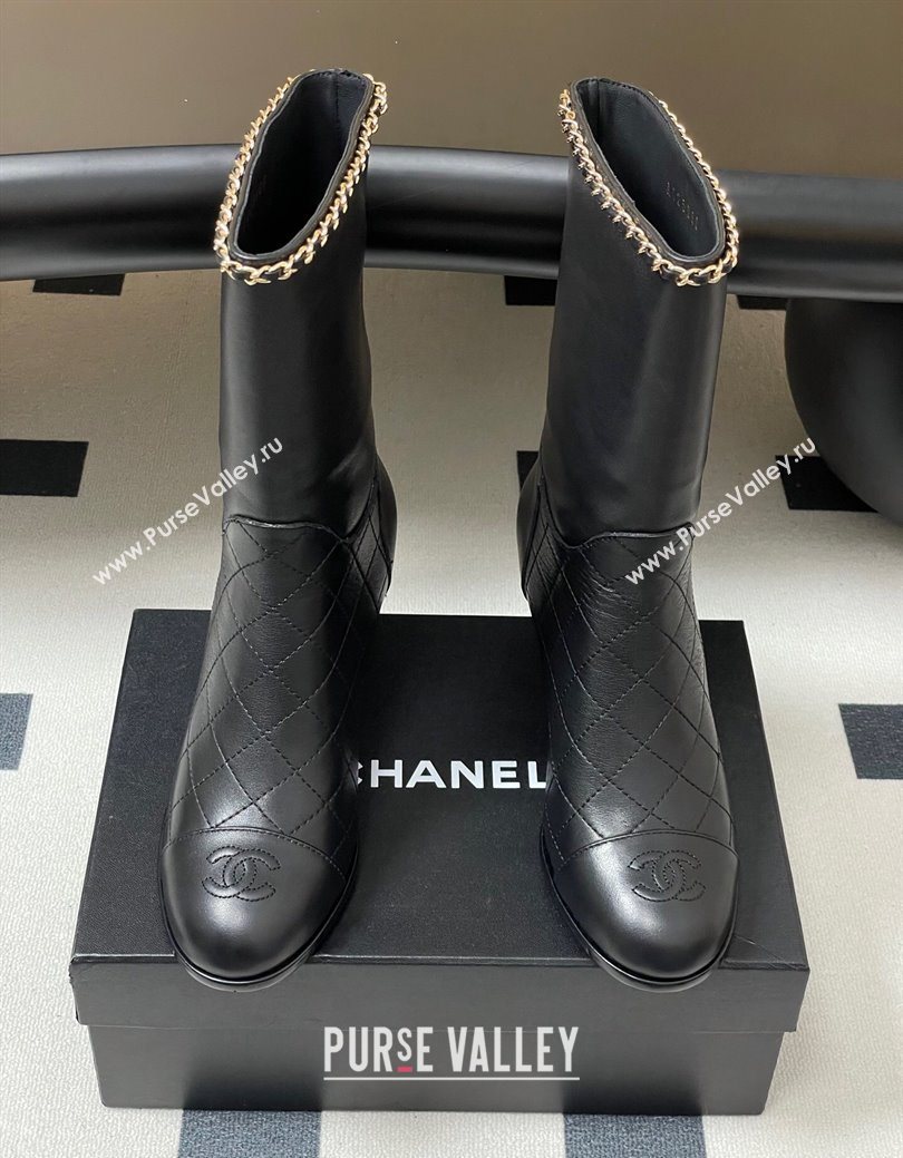 Chanel Quilted Calfskin Leather Ankle Boots 6cm with Chain Black 2025 CH083009 (MD-250830049)