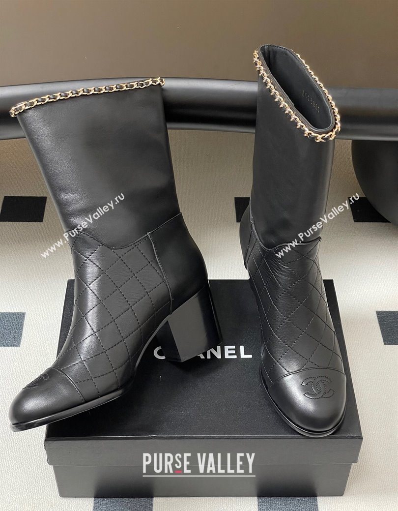 Chanel Quilted Calfskin Leather Ankle Boots 6cm with Chain Black 2025 CH083009 (MD-250830049)