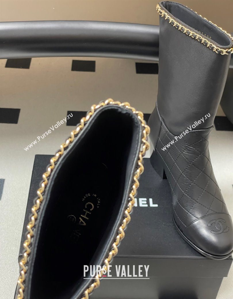 Chanel Quilted Calfskin Leather Ankle Boots 6cm with Chain Black 2025 CH083009 (MD-250830049)