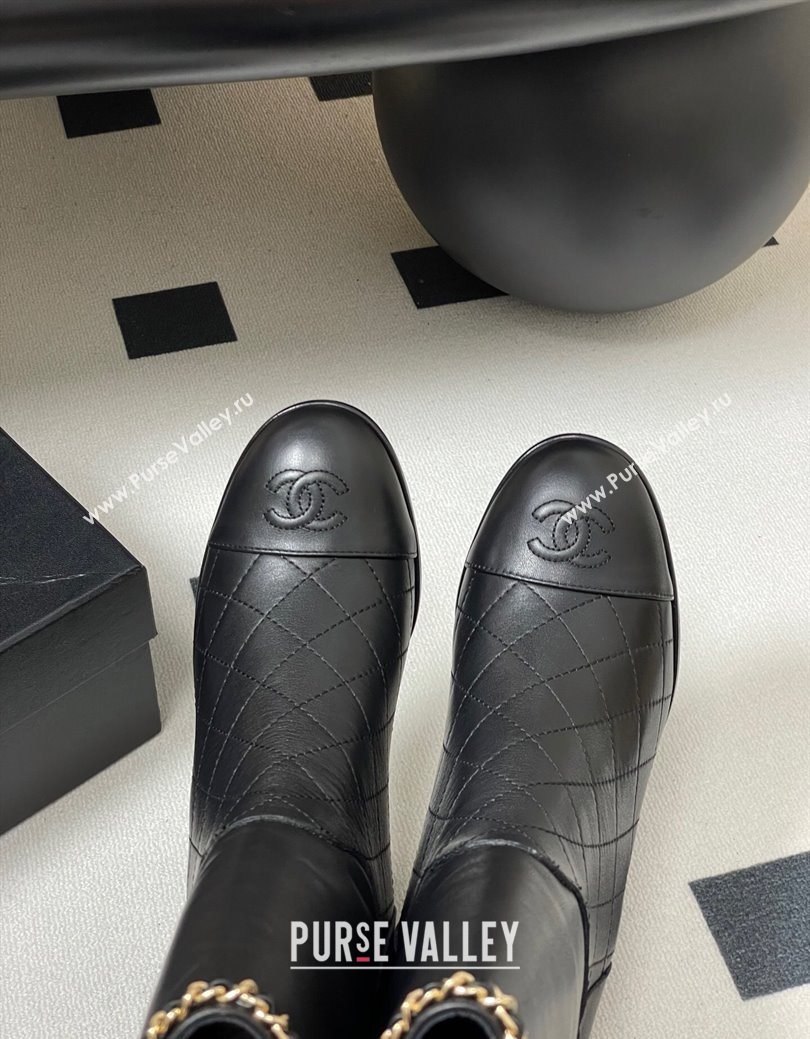 Chanel Quilted Calfskin Leather Ankle Boots 6cm with Chain Black 2025 CH083009 (MD-250830049)