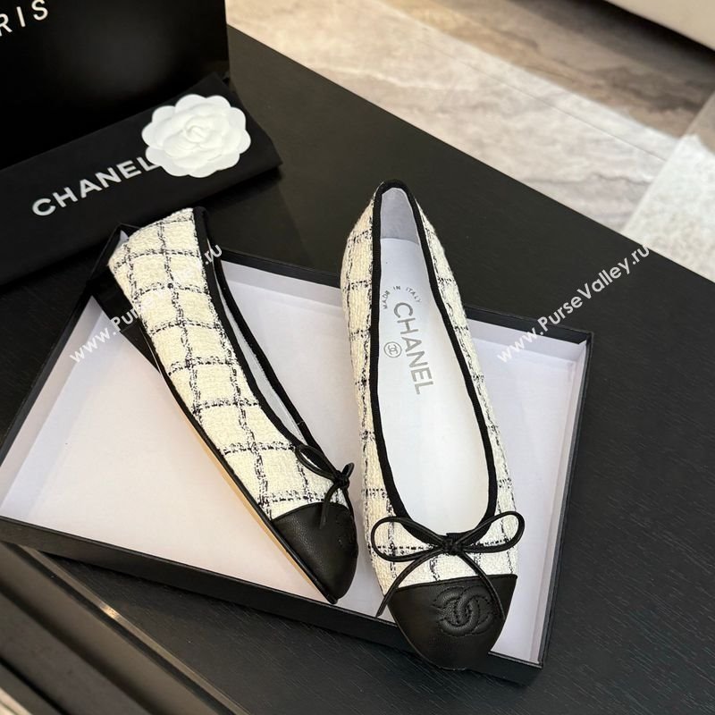 Chanel Classic Tweed Lambskin Leather Ballet Flats with Bow White 2025 0901 (MD-250901026)