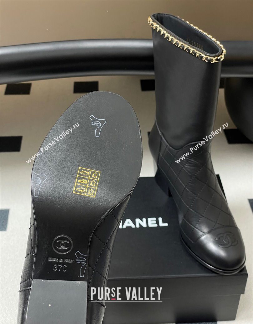 Chanel Quilted Calfskin Leather Ankle Boots 6cm with Chain Black 2025 CH083009 (MD-250830049)