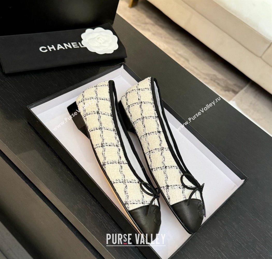Chanel Classic Tweed Lambskin Leather Ballet Flats with Bow White 2025 0901 (MD-250901026)