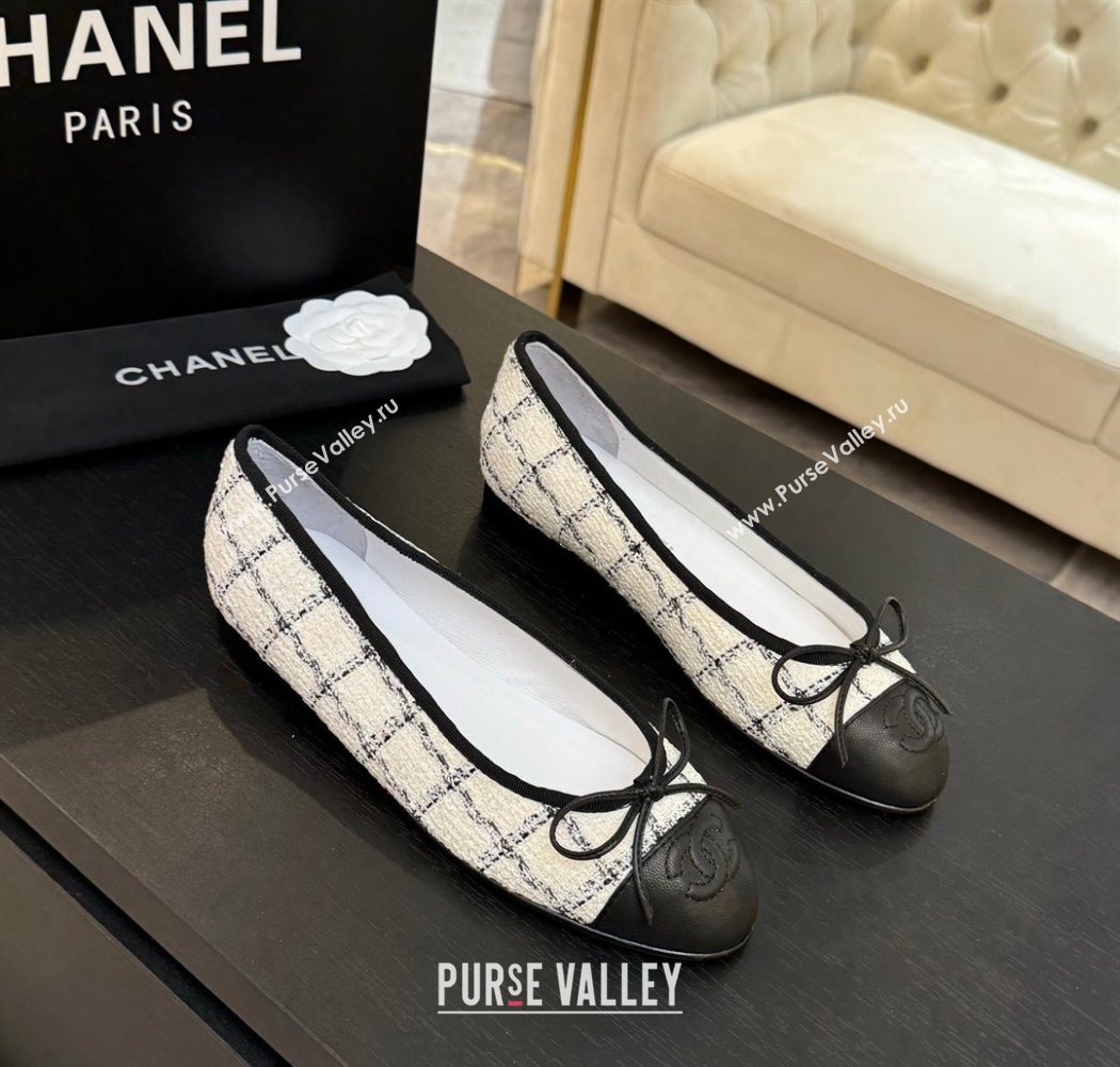 Chanel Classic Tweed Lambskin Leather Ballet Flats with Bow White 2025 0901 (MD-250901026)