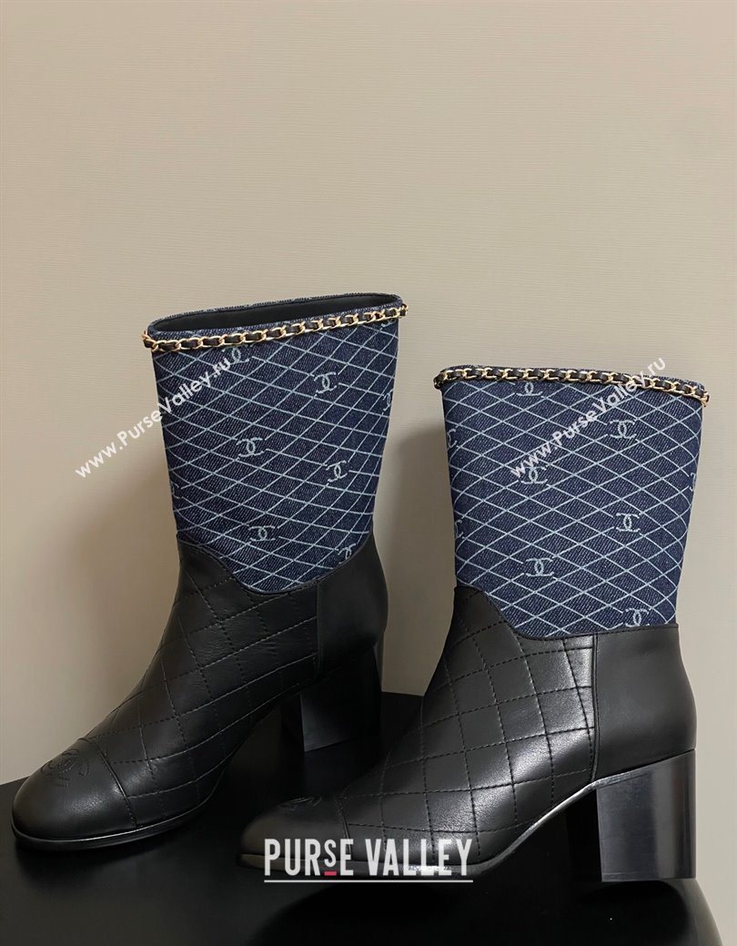 Chanel Quilted Calfskin Denim Ankle Boots 6cm with Chain Black/Navy Blue 2025 CH083009 (MD-250830053)