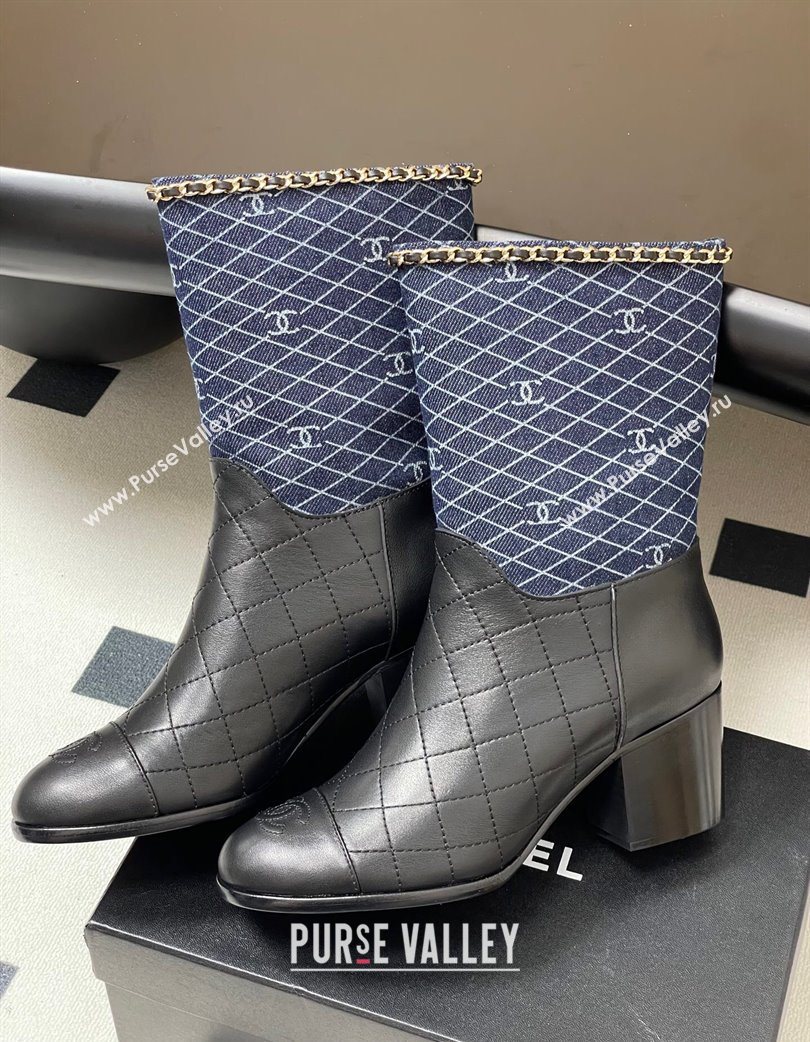 Chanel Quilted Calfskin Denim Ankle Boots 6cm with Chain Black/Navy Blue 2025 CH083009 (MD-250830053)