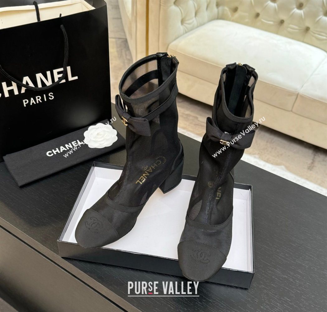 Chanel Mesh Grosgrain Heel Ankle Boots 5cm with Bow Black 2025 G46703 (MD-250830062)