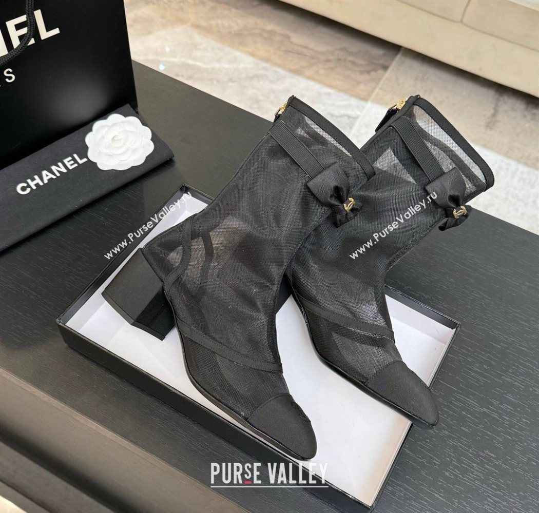 Chanel Mesh Grosgrain Heel Ankle Boots 5cm with Bow Black 2025 G46703 (MD-250830062)