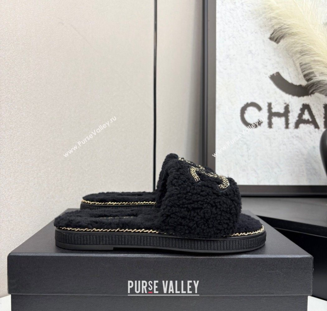 Chanel Shearling Flat Slides Sandal with Chain Black 2025 CH090111 (MD-250901115)