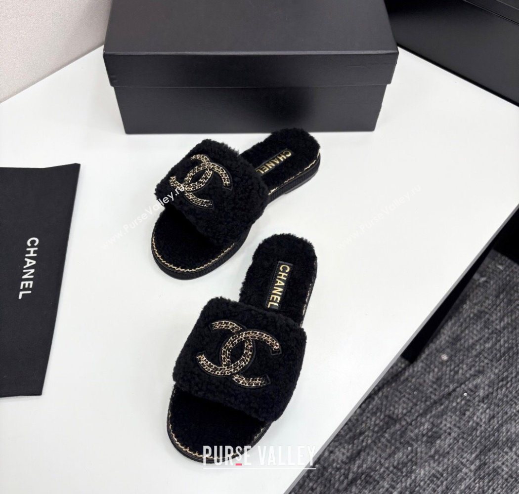 Chanel Shearling Flat Slides Sandal with Chain Black 2025 CH090111 (MD-250901115)