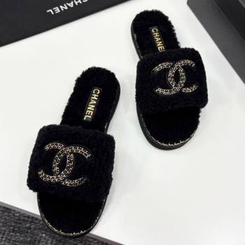 Chanel Shearling Flat Slides Sandal with Chain Black 2025 CH090111 (MD-250901115)