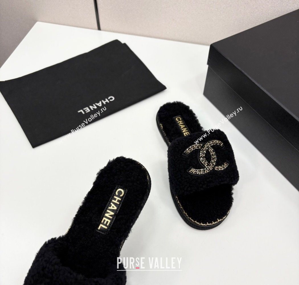Chanel Shearling Flat Slides Sandal with Chain Black 2025 CH090111 (MD-250901115)