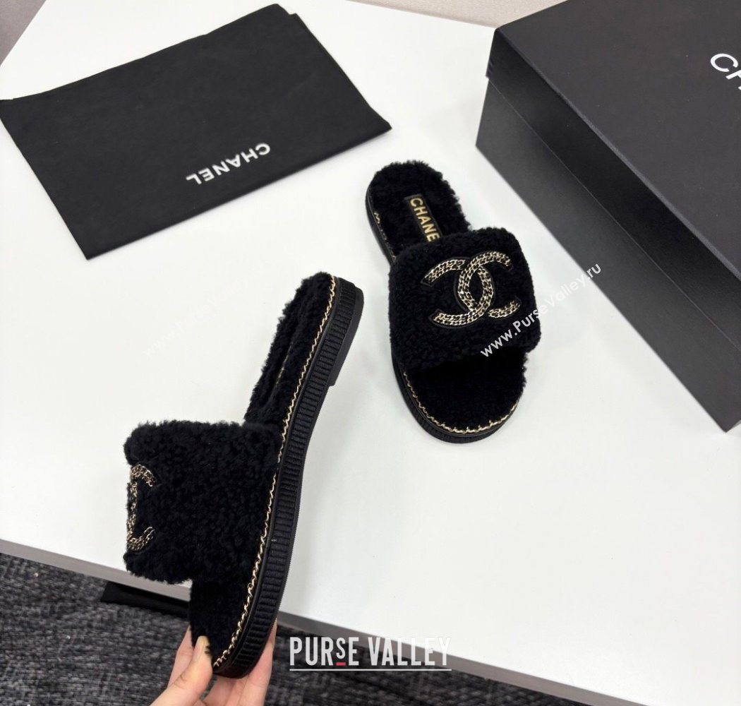 Chanel Shearling Flat Slides Sandal with Chain Black 2025 CH090111 (MD-250901115)