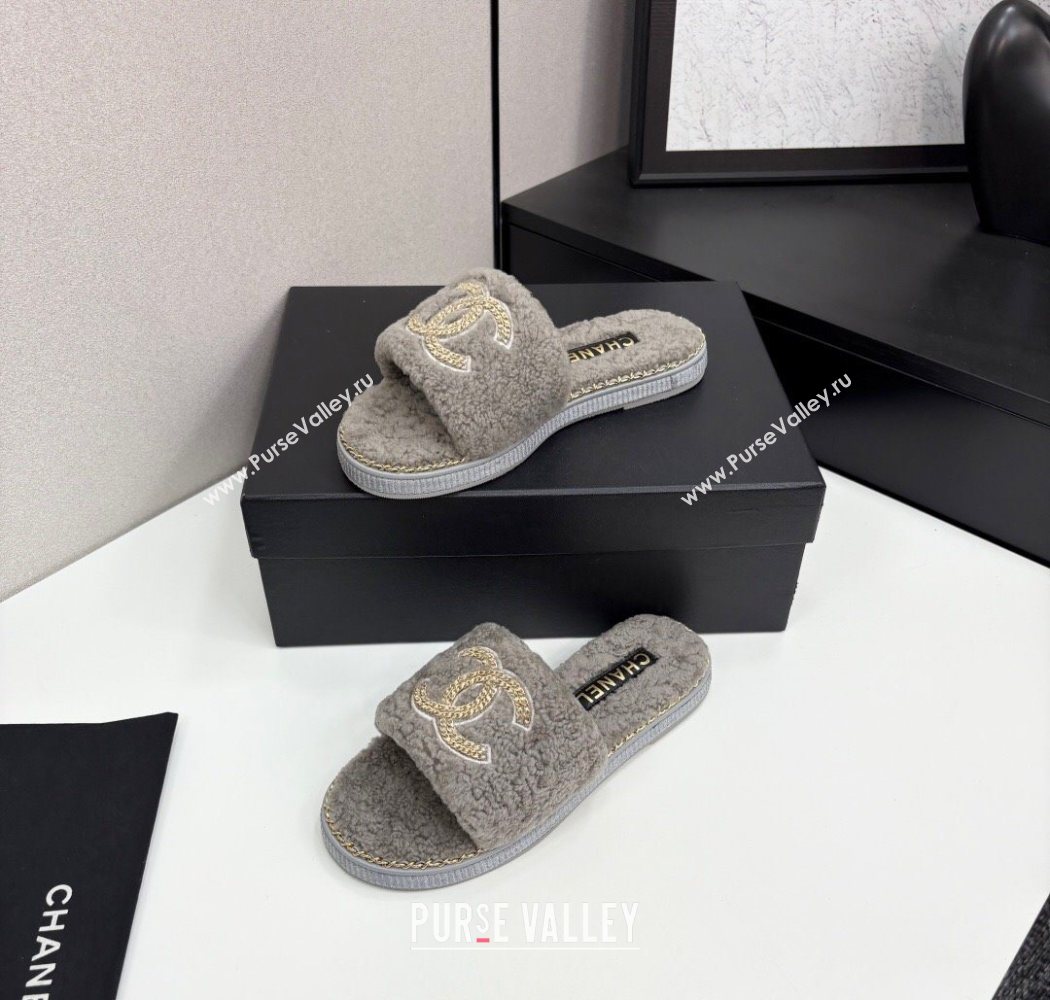 Chanel Shearling Flat Slides Sandal with Chain Grey 2025 CH090111 (MD-250901116)