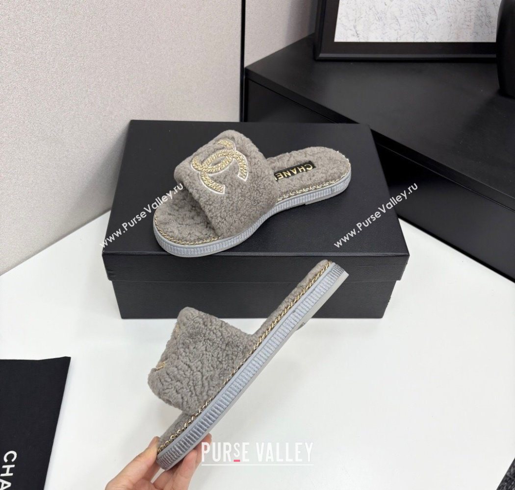 Chanel Shearling Flat Slides Sandal with Chain Grey 2025 CH090111 (MD-250901116)
