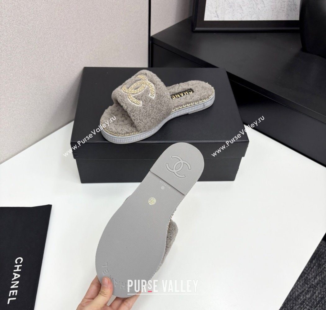 Chanel Shearling Flat Slides Sandal with Chain Grey 2025 CH090111 (MD-250901116)