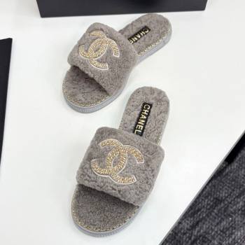 Chanel Shearling Flat Slides Sandal with Chain Grey 2025 CH090111 (MD-250901116)