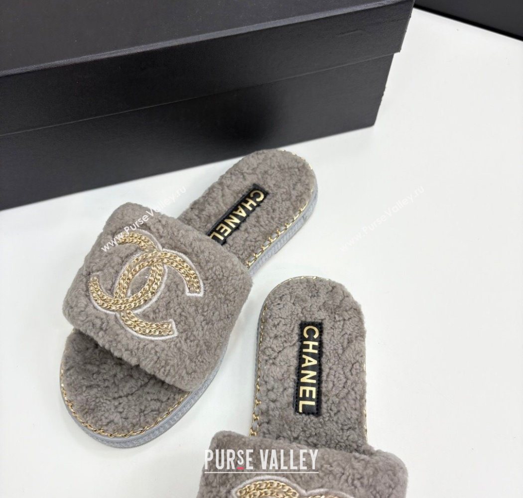 Chanel Shearling Flat Slides Sandal with Chain Grey 2025 CH090111 (MD-250901116)