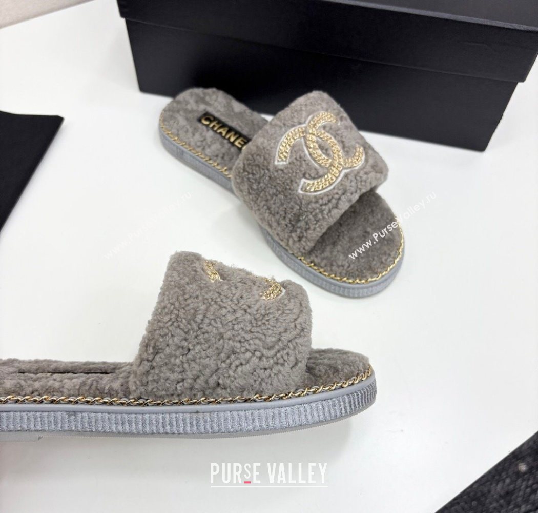 Chanel Shearling Flat Slides Sandal with Chain Grey 2025 CH090111 (MD-250901116)