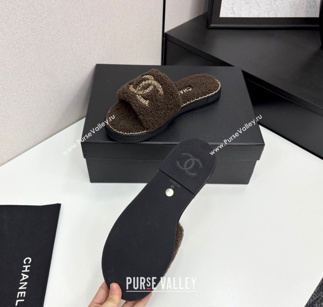 Chanel Shearling Flat Slides Sandal with Chain Brown 2025 CH090111 (MD-250901117)