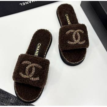 Chanel Shearling Flat Slides Sandal with Chain Brown 2025 CH090111 (MD-250901117)