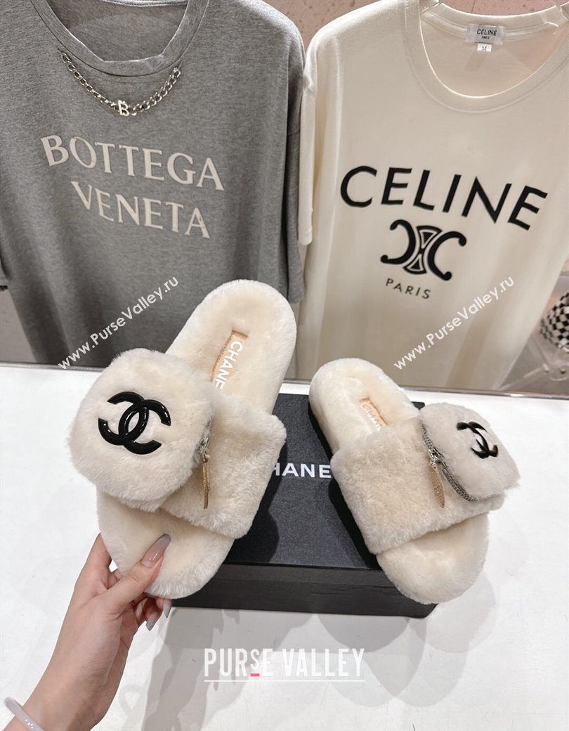 Chanel Wool Flat Slides Sandal with Zip Pouch Light Grey 2025 CH090112 (MD-250901118)