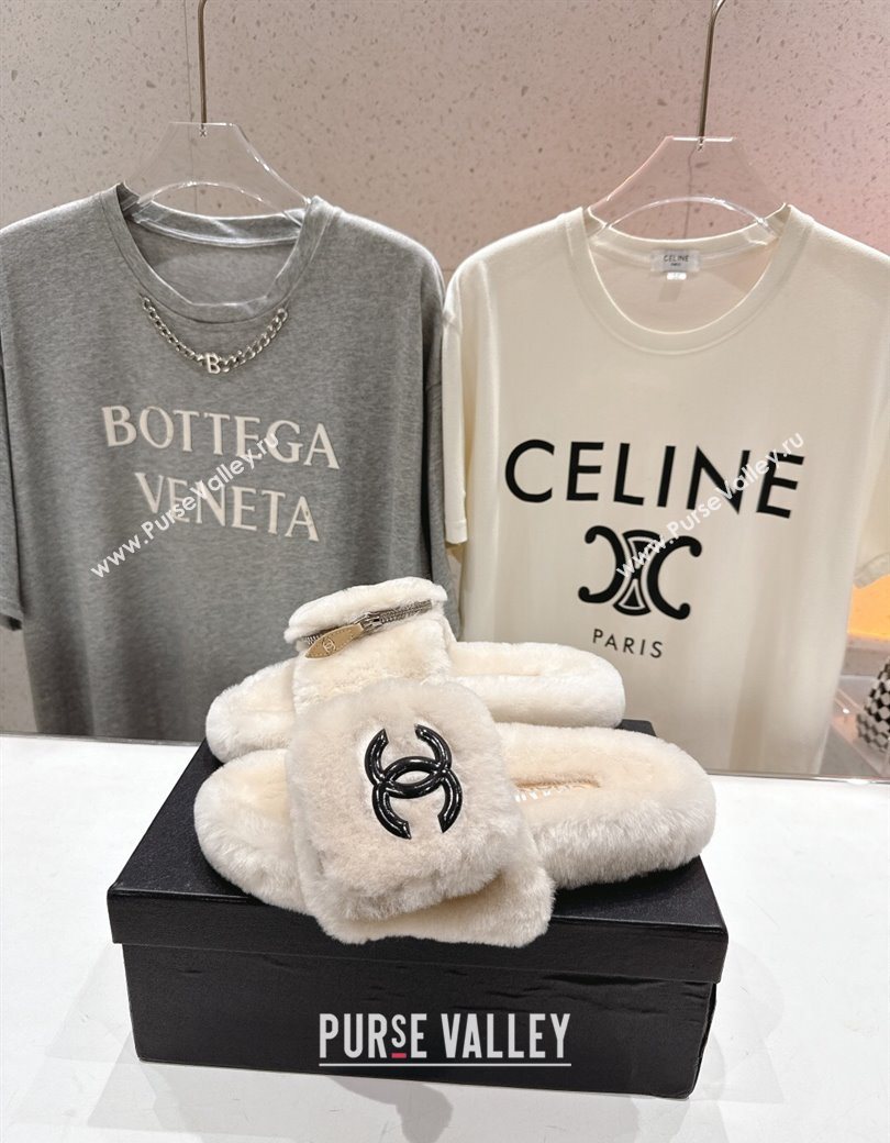 Chanel Wool Flat Slides Sandal with Zip Pouch Light Grey 2025 CH090112 (MD-250901118)