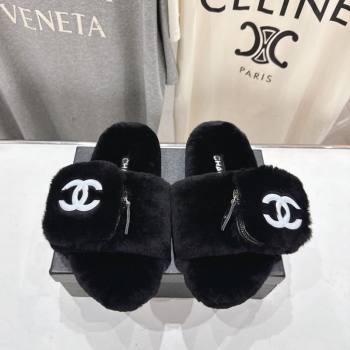 Chanel Wool Flat Slides Sandal with Zip Pouch Black 2025 CH090112 (MD-250901120)