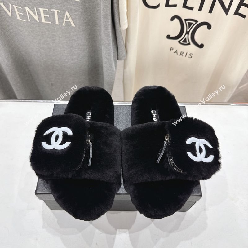 Chanel Wool Flat Slides Sandal with Zip Pouch Black 2025 CH090112 (MD-250901120)