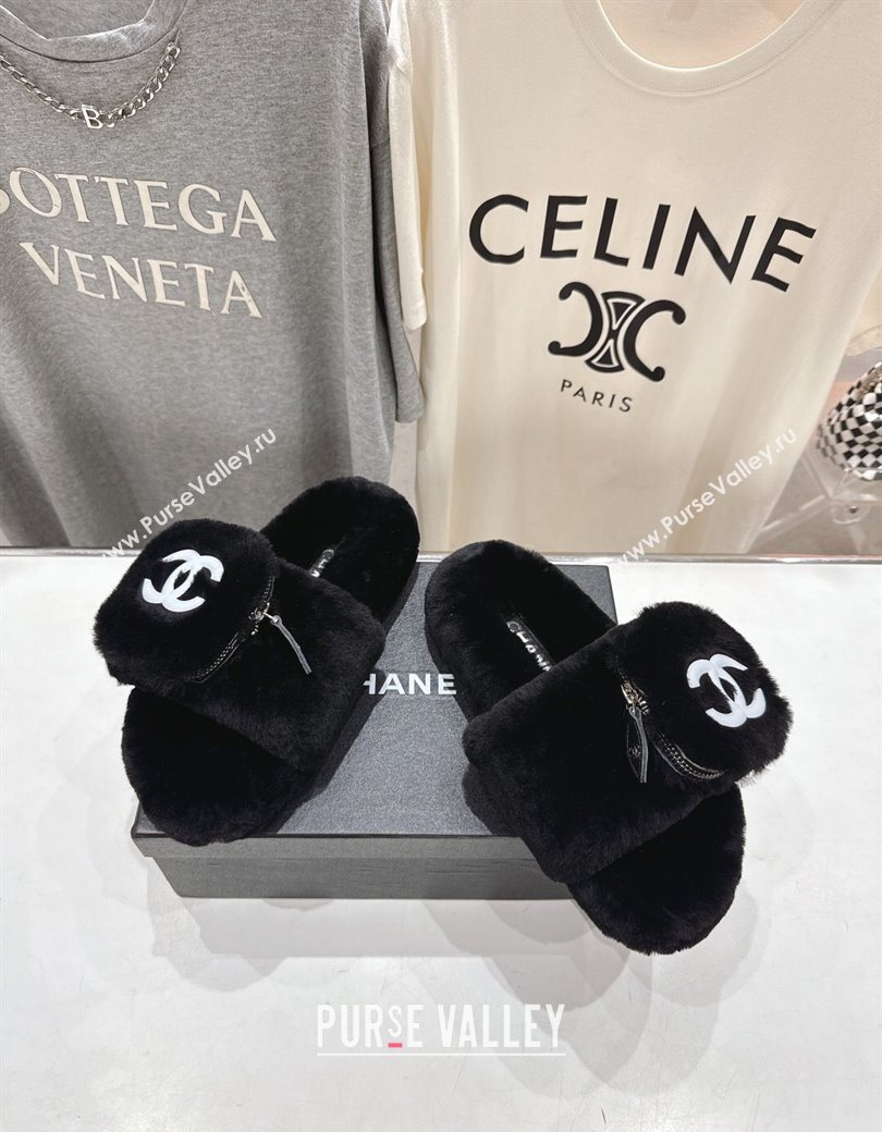Chanel Wool Flat Slides Sandal with Zip Pouch Black 2025 CH090112 (MD-250901120)