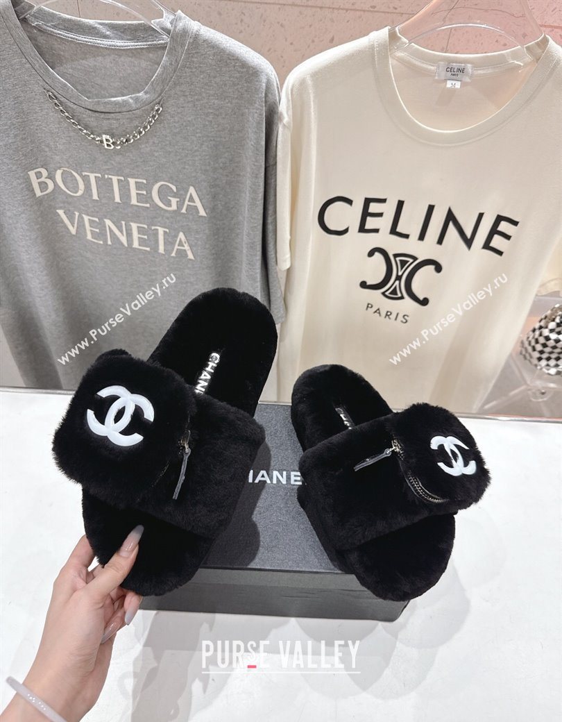 Chanel Wool Flat Slides Sandal with Zip Pouch Black 2025 CH090112 (MD-250901120)